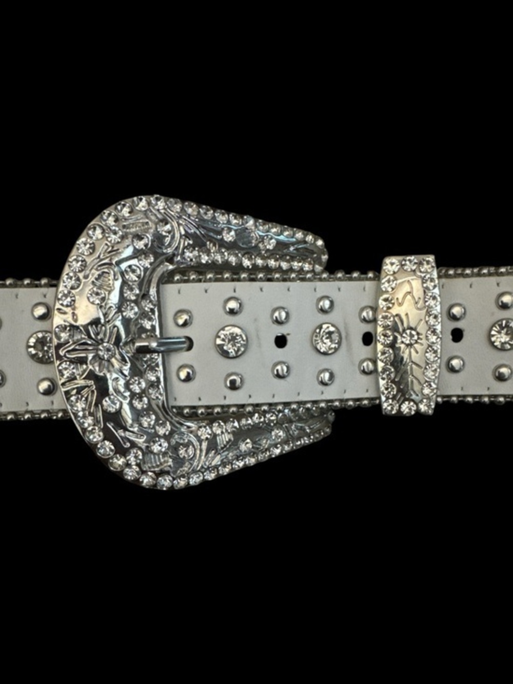 White Rhinestone Western Buckle Belt - Decorative Crosses & Silver Hardware